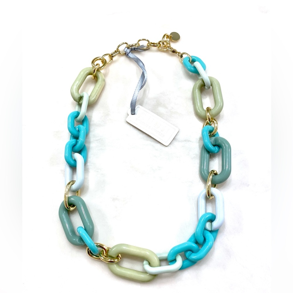 Gold-Accent Resin Link Necklace in Turquoise, Mint & White